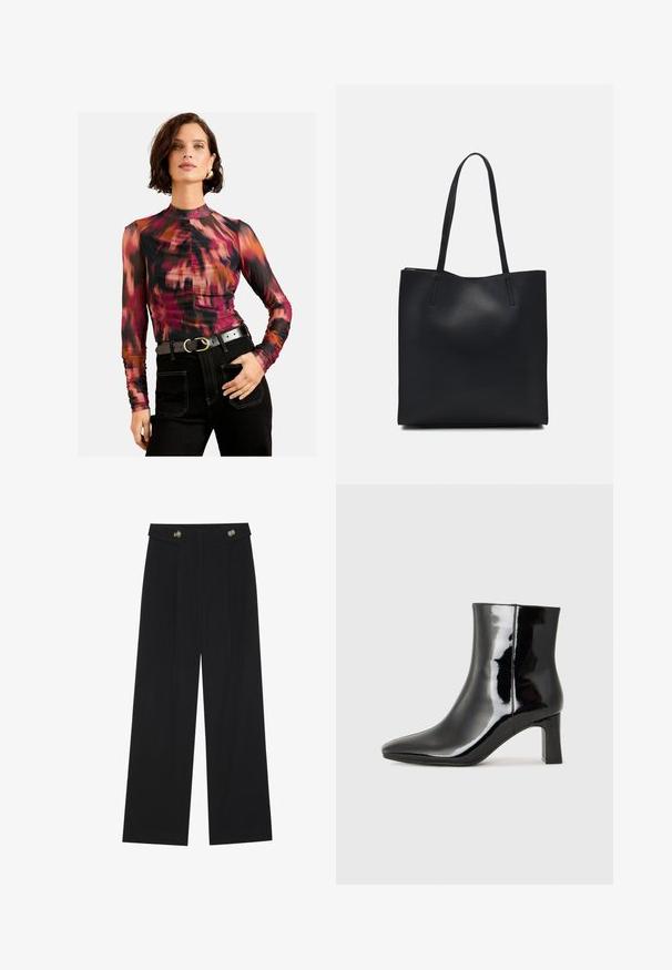 Langärmliges Oberteil in mehrfarbigem Muster mit rosa, schwarz und orange Tönen, mit hohem Kragen und schmaler Passform, kombiniert mit dunklen Jeans.; Schwarze weite Hosen mit hoher Taille, Knopfdetails am Bund und vorderen Falten.; Schwarzer Lackleder-Stiefelette mit spitzer Zehe und einem mittelhohen Blockabsatz. Glatte Textur und minimalistisches Design.; Schwarze Laptoptasche aus Leder mit glatter Textur, rechteckiger Form und zwei langen Griffen. Keine sichtbaren Beschläge oder Verzierungen.