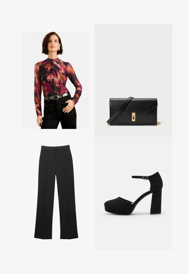 Hosszú ujjú felső, amely színes mintával rendelkezik, pink, fekete és narancssárga árnyalatokban, magas nyakkivágással és slim fit szabással, sötét farmerrel párosítva.; Fekete, magas derekú, széles lábú nadrág övhurkokkal és elülső varrással, fehér háttéren bemutatva.; Fekete velúr platform sarkú cipők vastag, blokksarkúval, lekerekített orral és fémcsattal rögzített bokapánttal. Simább textúrájú egész terjedelemben.; Fekete bőr pénztárca hajtható fedéllel, aranyszínű kiegészítőkkel, logóval díszítve. Levehető pánttal a könnyű hordozás érdekében.