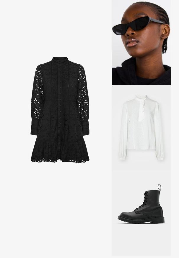 Biela blúzka s dlhým rukávom a vysokým golierom, so zúbkami na golieri, predným zapínaním na gombíky a jemným bodkovaným vzorom na textúrovanej tkanine.; Čierne vyšívané šaty s vysokým golierom, predným zapínaním na gombíky, dlhými rukávmi a volánovým lemom. Obsahujú výstrihy s kvetinovými a geometrickými vzormi.; Čierna kožená bojová topánka s okrúhlou špičkou, šnurovaním na prednej strane a pútkom pri členku. Má hrubú gumovú podrážku pre trvanlivosť.; Čierne slnečné okuliare v štýle mačacích očí s matným povrchom, s elegantným dizajnom a jemne zakrivenými hranami, umiestnené na pozadí modela v tmavom oblečení.