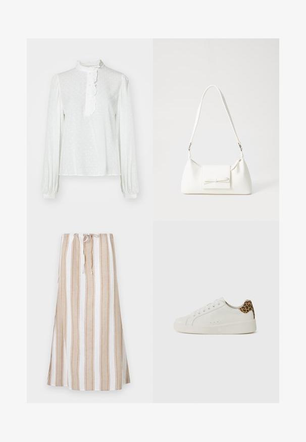 Biela blúzka s dlhým rukávom a vysokým golierom, so zúbkami na golieri, predným zapínaním na gombíky a jemným bodkovaným vzorom na textúrovanej tkanine.; Prúžkovaná sukňa v bielej a svetlo hnedej farbe s pásom na sťahovanie a dlhým, voľným strihom. Vyrobená z ľahkej tkaniny s uvoľneným strihom.; Biele kožené tenisky s okrúlym špičkou, plochou podrážkou a šnurovaním vpredu. Obsahujú akcent s leopardím vzorom na päte. Hladký povrch.; Biela syntetická kabelka s trojuholníkovým tvarom, plochým predným klapkou a detailom mašle, nastaviteľným popruhom, hladkou textúrou a minimalistickým dizajnom.
