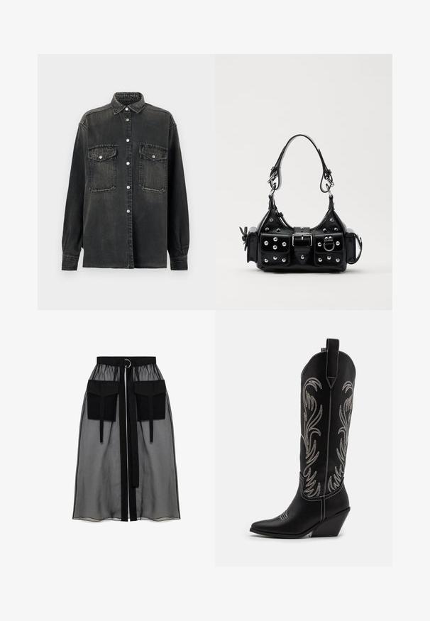 Replay SHIRT - Nööpidega pluus - dark grey; Must mustriga seelik, millel on kogutud vöökoht, kaks suurt esitaskut, vöötie ja ringikujuline metallaktsent.; Mustad mustad nahast cowboy saapad terava ninaga, vööndkanna ja hõbedaste tikanditega lillemustritega varred. Kontrastõmblused üle kogu.; Must värvi nahast käekott, millel on kaarjas disain, hõbedased nupukesed, kinnitusahe ja kaks külgtaskut. Reguleeritav rihm erinevate kandmisvõimaluste jaoks.