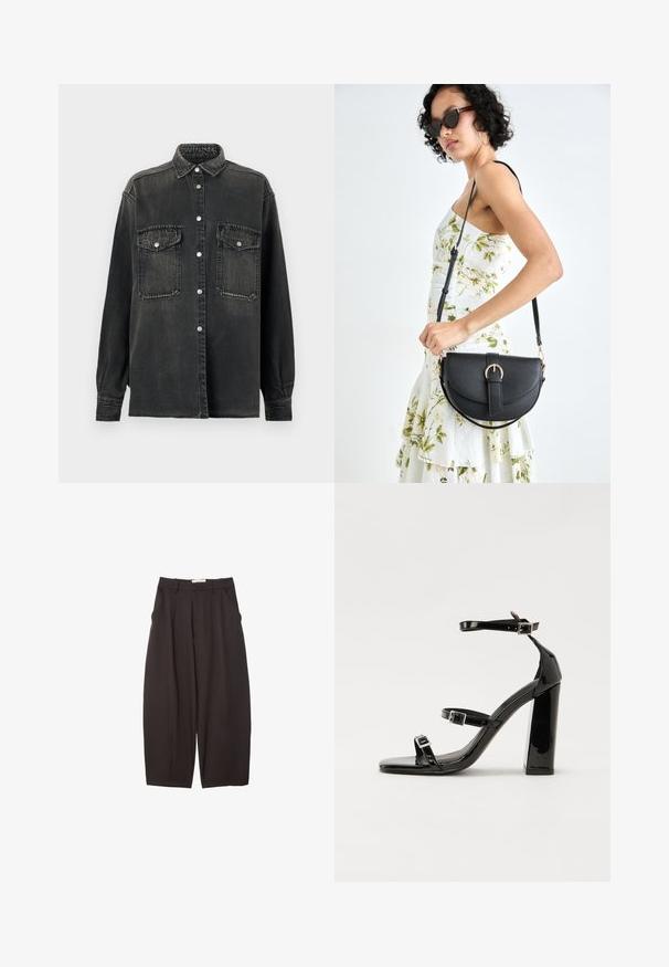 Replay SHIRT - Blúzka so zapínaním na gombíky - dark grey; Čierne široké nohavice vyrobené z hladkej tkaniny, s vysokým pásom, prednými skladmi a bočnými vreckami. Jednoduchý dizajn bez ozdôb.; Čierne lakované sandále na vysokom opätku s dvoma prackami, štvorcovou špičkou a hrubým blokovým opätkom, s hladkou, lesklou textúrou.; Čierna kožená kabelka s zaobleným tvarom, odnímateľným popruhom a zlatými doplnkami. Kabelka má klopu s detailom s prackou.