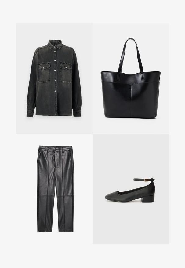 Replay SHIRT - Skjortebluse - dark grey; Sorte lærbukser med en glat tekstur, der har en lige pasform, to forlommer og synlige sømdetaljer.; Sorte skinnpumper med spiss tå og lav blokkhelt. Har ankelrem med gullfarget spenne. Glatt tekstur.; Svart lær toteveske med to lange håndtak, en glatt tekstur og en strukturert form. Har en frontlomme for ekstra oppbevaring.