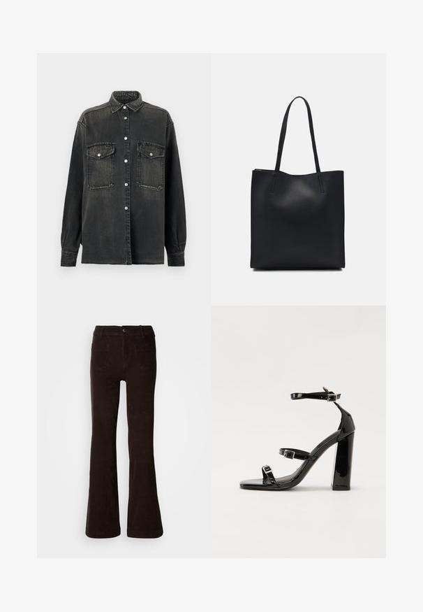 Replay SHIRT - Skjortebluse - dark grey; Brune kordfløyelsvide bukser med teksturert finish, som har knappelukking foran, beltehemper og to baklommer.; Svart høyglans sandaler med hæl, firkantet tå, ankelremmer og sølvspenner. Har en kraftig blokkhæl for stabilitet.; Svart lær tote bag med glatt tekstur, rektangulær form og to lange håndtak. Ingen synlige deler eller dekorasjoner.