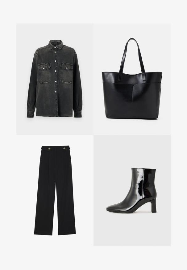 Replay SHIRT - Button-down blouse - dark grey; Black wide-leg trousers with high waist, button details on waistband, and front pleats.; Black patent leather ankle boot with a pointed toe and a mid-height block heel. Smooth texture and minimalist design.; Black leather tote bag with two long handles, a smooth texture, and a structured shape. Features a front pocket for additional storage.