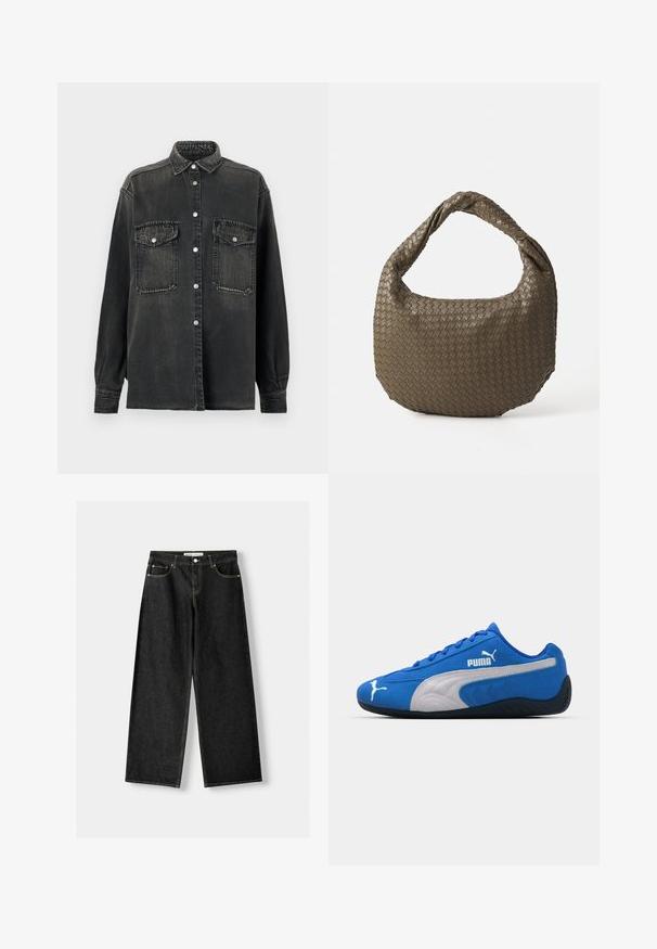 Replay SHIRT - Button-down blouse - dark grey; Black denim wide-leg jeans featuring five pockets, metal button and zipper closure, and contrasting yellow stitching along the seams.; Blue athletic shoes with a suede upper, featuring a white side panel and black rubber sole. Includes a raised PUMA logo on the side.; Woven olive green handbag with a rounded shape and a twisted handle. Textured surface features a diagonal pattern. Zipper closure.