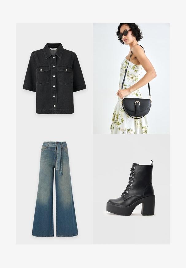 Fekete farmering rövid ujjakkal, hegyes gallérral, két mellzsebbel és fémből készült gombbalszárokkal. Sima textúrájú.; Bőszárú farmernadrág, világos és sötétkék árnyalatokkal, magas derekú, övgyűrűkkel és a nadrággal megegyező anyagú övvel. Textúrált farmer kivitel.; Fekete bőr bokacsizma vastag blokk sarkkal, fűzős elejével és texturált felületével. Hátul található egy fülecske, ami megkönnyíti a felhúzást.; Fekete bőrtáska ívelt formával, levehető pánttal és arany színű fémrészekkel. A táskán egy csattal díszített fedél található.