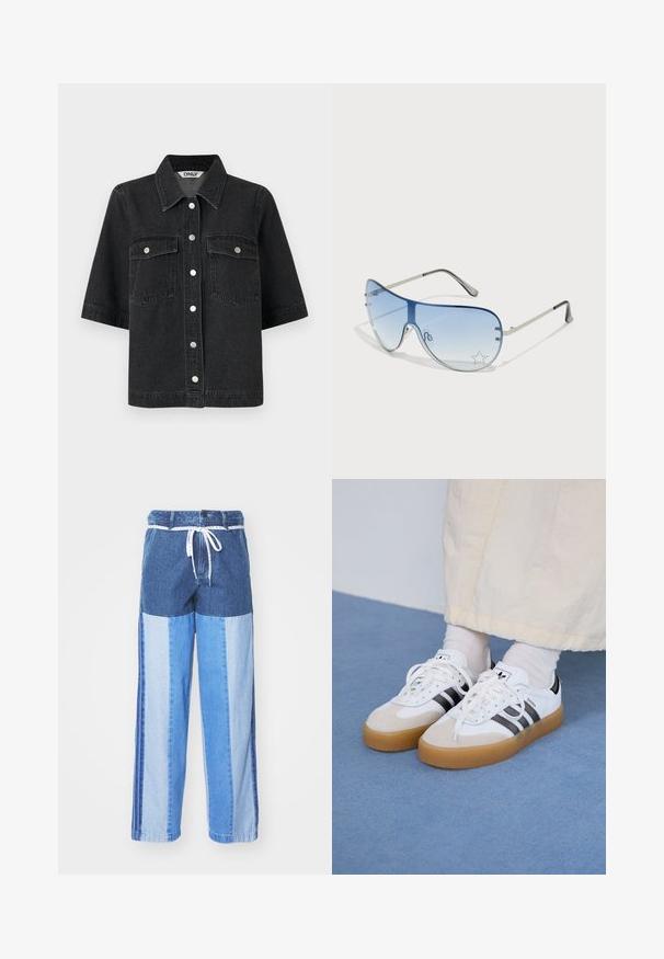 Fekete farmering rövid ujjakkal, hegyes gallérral, két mellzsebbel és fémből készült gombbalszárokkal. Sima textúrájú.; Kék farmernadrág, foltvarrásos dizájnnal, különböző árnyalatú kékekből, húzózsinóros derékkal és laza, egyenes szabású lábakkal.; Fehér sportcipő fekete csíkokkal és bézs velúr részletekkel. Texturált gumi talppal és lapos fehér fűzőkkel rendelkezik, világos színű zoknival viselve.; Pilóta napszemüveg, melynek áttetsző kék lencséje, ezüst fém kerete és díszes csillag díszítések találhatók a lencsén. Simogató és elegáns dizájn.