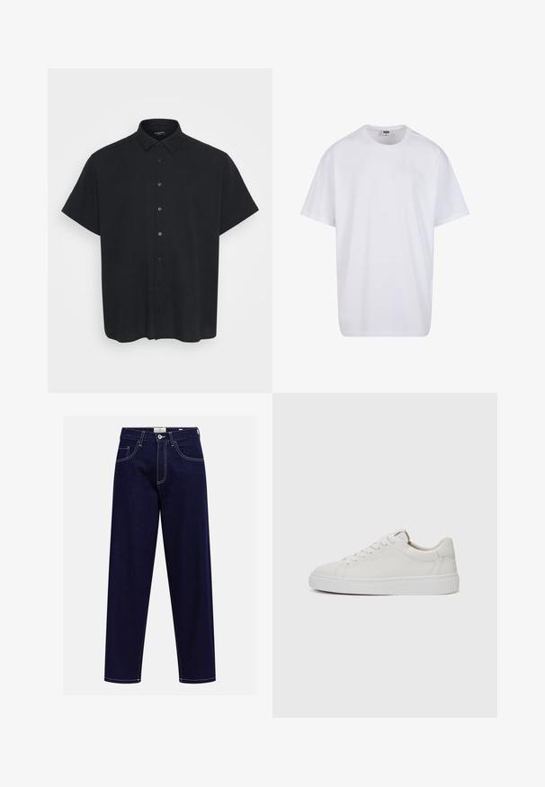 Kurzärmliges schwarzes Button-up-Hemd aus einem strukturierten Stoff mit Kragen, vorne mit Knöpfen und einem lockeren Schnitt.; Weiße Baumwoll-T-Shirt mit kurzen Ärmeln, rundem Ausschnitt, lockerer Passform und ohne sichtbare Logos oder Muster. Glatte Textur und minimalistisches Design.; Dunkelblaue gerade geschnittene Jeans mit Vordertaschen, Knopfverschluss und sichtbaren weißen Nähten auf einem schlichten Hintergrund.; Weiße Leder-Sneaker im Low-Top-Stil mit runder Zehenform, flacher weißer Gummisohle und minimalistischen Steppnähten. Schnürsenkel sind durch sechs Ösen gesichert.