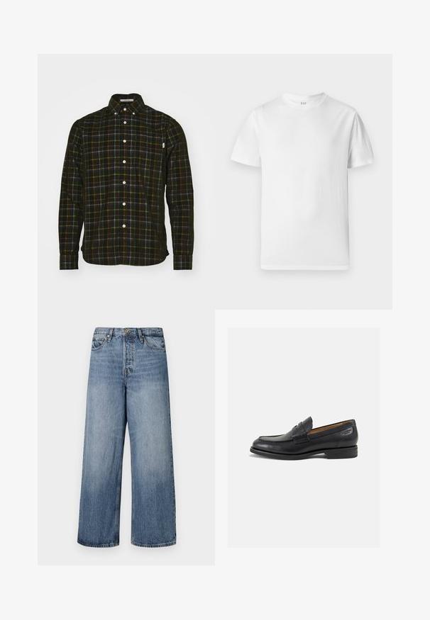 Camicia a maniche lunghe con bottoni in plaid nero con dettagli verde, blu e arancione. Presenta un colletto classico e una tasca sul petto. Tessuto in cotone.; T-shirt bianca a maniche corte realizzata in morbido cotone. Presenta un collo rotondo e un orlo dritto con dettagli minimi.; Jeans in denim blu a gamba larga con lavaggio sbiadito, design a cinque tasche e chiusura con bottone. Dotati di passanti per cintura e dettagli cuciti.; Mocassini in pelle nera con finitura liscia, punta arrotondata e cuciture decorative sulla tomaia. Tacco basso impilato e leggero lucido.