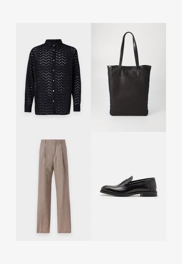 J.LINDEBERG SHIRT - Vapaa-ajan kauluspaita - black; Ruskejat, korkeavyötäröiset housut, jotka on valmistettu teksturoidusta kankaasta. Ominaisuuksina ovat leveät lahkeet ja kaksi etupuolelle ommeltua laskosta rakenteen tukemiseksi. Siisti viimeistely ilman näkyvää metalliosaa.; Mustat nahkakengät, joissa on sileä pinta, pyöreä kärki ja koristeellinen nauha jalkapöydän yli. Matala pinoitu koroke, minimalistinen muotoilu.; Mustat kangaskassit mustilla nahkahandleilla. Yksinkertainen muotoilu, tilava runko ja sileä pinta. Ei näkyviä logoja tai kuvioita.