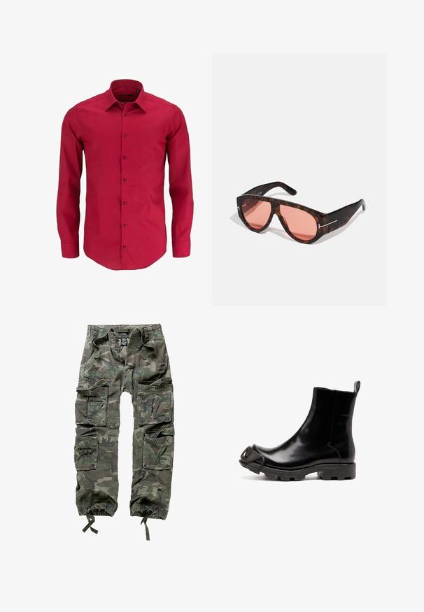 Rode lange mouwen knopenoverhemd met een standaard kraag, met een effen textuur en zeven bijpassende knopen aan de voorkant.; Cargo broek met camouflagepatroon van katoen, met meerdere zakken, elastische boorden en een losse pasvorm met een trekkoord in de taille.; Zwarte rubberen enkelboot met een glanzende afwerking, heeft een ronde neus en een kenmerkende, sculpturale accent op de neus. Textuurde zwarte zool.; Tortoiseshell zonnebril met roze lenzen, met een gedurfde hoekige vormgeving en dunne zilveren hardwareaccenten op de montuur.
