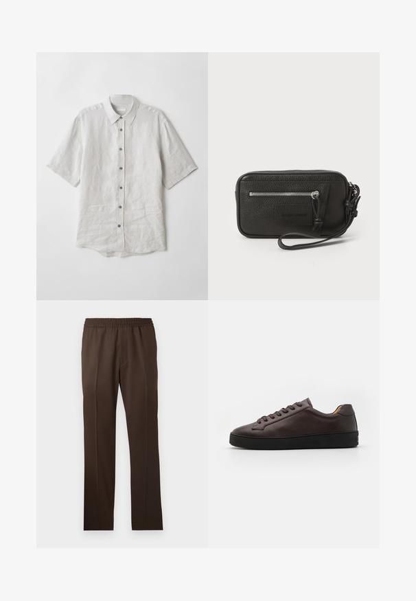 Kortermet skjorte med knapper i lys grå lin. Har klassisk krage, knappestolpe og lett buet nederkant. Myk tekstur med minimale rynker.; Brune, rette bukser med elastisk talje og en glat stoftekstur; har skarpe pressefolder foran.; Brune lærersneaker med en glat overflade, rund tå og sort gummisål. Har tonede snørebånd og minimalistiske designdetaljer.; Svart lær clutch med teksturert overflate, frontlomme med glidelås og avtakbar håndleddsreim. Har en logo-patch på fronten. rektangulær form.