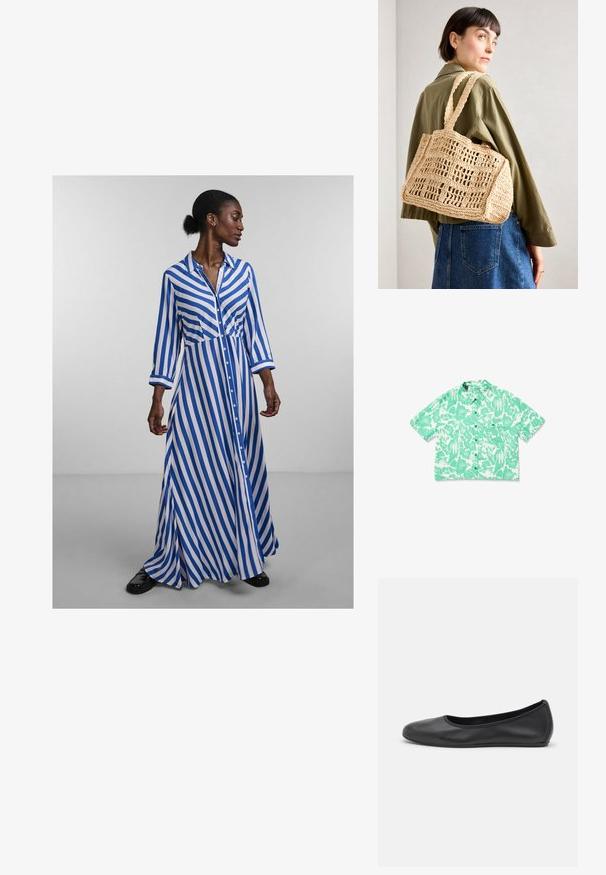 Camicia verde a maniche corte con motivi bianchi astratti, con bottoni sul davanti e taschino sul petto; realizzata in tessuto leggero.; Abito lungo con bottoni, a righe verticali blu e bianche, maniche lunghe, colletto e gonna fluida. Tessuto morbido con una vestibilità comoda.; Pantofole da balletto nere in pelle con punta arrotondata, texture liscia, dettagli di cucitura minimi e design con suola flessibile.; Borsa in crochet intrecciata color tan con forma rettangolare, due manici larghi e un motivo a griglia aperta. Il design presenta un tessuto strutturato e un ampio interno.