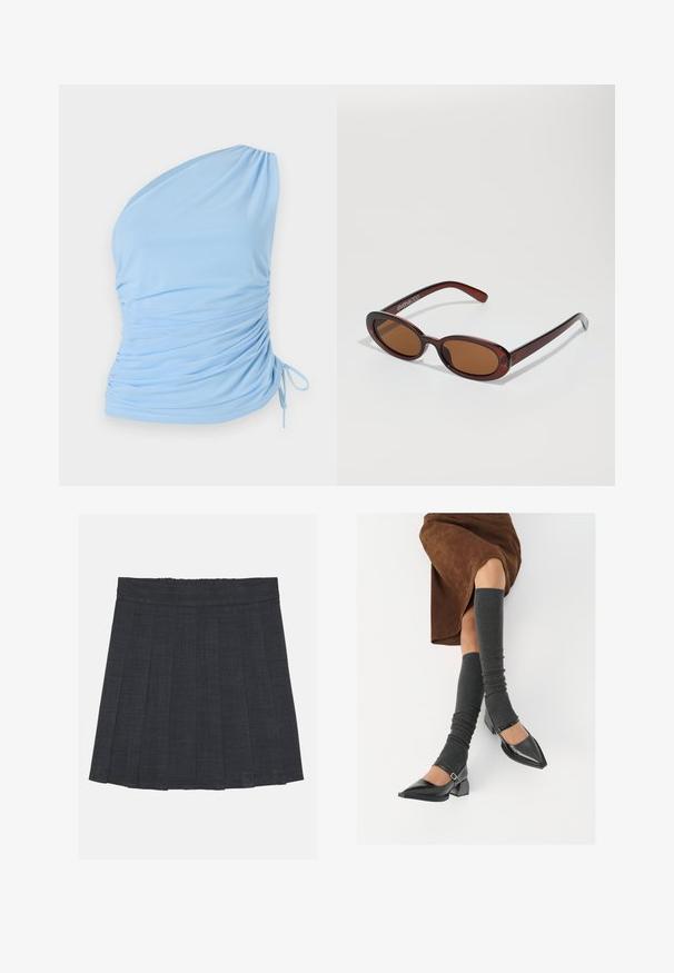 Gaiši zils vienas pleca tops, izgatavots no mīksta auduma. Tam ir savilkta detaļa sānos un regulējams mezgls ap apakšu. Gluda tekstūra.; Tumši pelēks plisēts svārki ar elastīgu jostu, ar teksturētu audumu un klasisku A formas siluetu. Piemēroti ikdienas valkāšanai.; Melnas laka ādas apavi ar norādītu purngalu, blokveida papēdi un potīšu jostu, saskaņoti ar pelēkām ribotām kāju sildītājām un brūnu zamšādas svārku.; Apaļas, brūnīgi nokrāsotas saulesbrilles ar spīdīgu bordo rāmīti. Šauri kāti ar diskrētu zīmola detaļu. Plakana objektīva dizains.; Melnas ādas soma ar saspiestu augšpusi, auklu aizdari, divām rokturiem un garām plecu siksnām. Gluda tekstūra un minimālisma dizains.