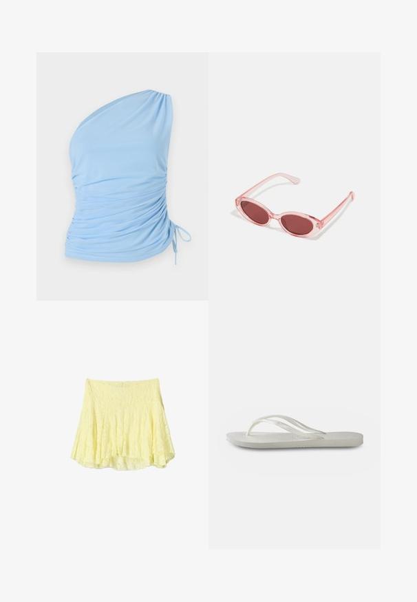 Light blue one-shoulder top made of soft fabric. Features gathered detailing on the side and adjustable tie at the hem. Smooth texture.; Yellow flared skirt made of textured fabric, featuring a layered design with a slightly uneven hem. Lightweight and airy appearance.; White flip-flop with a textured sole, featuring thin straps and a flat design. Made of rubber with a subtle logo on the footbed.; Pink transparent sunglasses with oval lenses, dark red tint, and slender arms, featuring a smooth finish and subtle detailing on the frame.