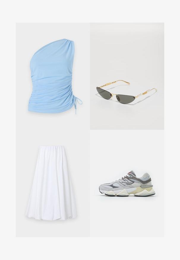 Helles blaues Top mit einem Schulterträger aus weichem Stoff. Verfügt über geraffte Details an der Seite und eine verstellbare Bindung am Saum. Glatte Textur.; Weiße knöchellange Rock mit einem elastischen Bund, gefertigt aus leichtem Stoff mit glatter Textur und fließender Silhouette.; Graue Wildleder- und Mesh-Sneaker mit einer dicken weißen und beigen Sohle, ausgestattet mit einem auffälligen weißen Logo und roten Akzentdetails.; Sonnenbrille mit goldenem Rahmen und dunkelgrauen Gläsern. Einzigartige Katzenaugenform. Die Bügel sind mit abwechselnden goldenen Perlen und Perlenakzenten verziert.