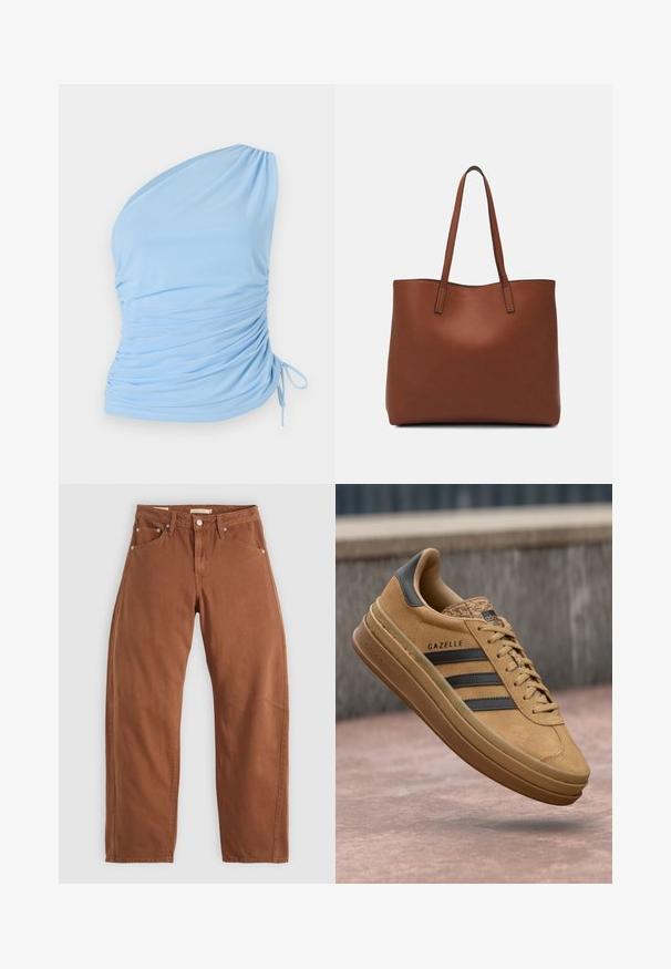 Ljusblå enaxlad topp i mjukt tyg. Har rynkade detaljer på sidan och justerbar knytning i nederkant. Slät textur.; Rostbruna raka jeans med fram- och bakfickor, metallnitar, knappstängning och bältesöggor, liggande platt på en vit bakgrund.; Tan mockasiner i mocka med en slät yta, som har tre mörka ränder, en rund tå och en tjockare sula med ett mönstrat kant.; Brun läder tote-väska med en slät textur, öppen toppdesign och två axelremmar. Har minimal söm och ingen synlig metalldetalj.