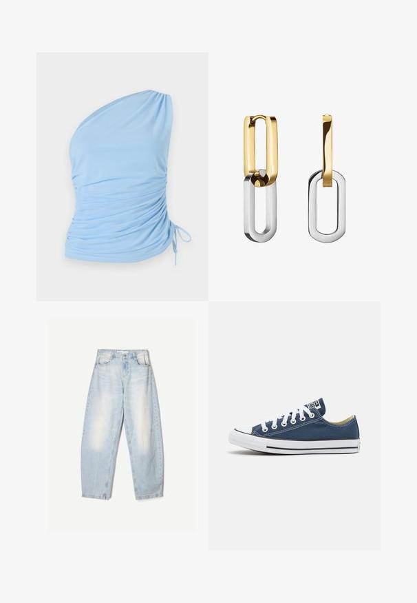 Lichtblauw schoudertop met één schouder, gemaakt van zachte stof. Heeft gerimpelde details aan de zijkant en een verstelbare strik aan de onderkant. Gladde textuur.; Lichtblauwe denim jeans met een losse pasvorm, voorzien van een vervaagde afwerking, twee voorzakken en een knoopsluiting bij de taille.; Canvas sneaker in marineblauw met witte oogjes en veters, voorzien van een witte rubberen neuskap en een zwarte streep langs de zool.; Gouden en zilveren metalen oorbellen met in elkaar grijpende rechthoekige lussen, voorzien van een strakke afwerking en een gepolijst oppervlak.