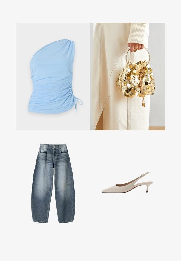 Top azzurro chiaro a spalla unica realizzato in tessuto morbido. Presenta dettagli arricciati sul lato e un laccio regolabile sull'orlo. Texture liscia.; Jeans a gamba larga in denim azzurro chiaro con sfumature, dotati di design a cinque tasche, chiusura con bottone e dettagli di cucitura minimal.; Tacchi slingback beige con punta affusolata e tacco basso a campana. Realizzati in pelle liscia con un design minimalista e cinturino regolabile.; Borsa a tracolla con coulisse in paillettes dorate e manico circolare, caratterizzata da paillettes rotonde lucide e un tessuto testurizzato. Le dimensioni non sono fornite.