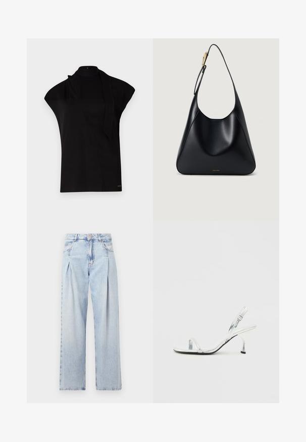 Fekete, magas nyakú felső, kapucnis ujjakkal, aszimmetrikus dizájnnal és hosszú nyakkendővel. Simább anyagból készült, minimalista megjelenéssel.; Világoskék farmernadrág magas derekú, bő szabású, két oldalsó zsebbel és pliszírozott dizájnnal. Puha tapintású, elhalványított felület.; Ezüst lakk bőr slingback magassarkú szandál keskeny lábujj pánttal, állítható csattal és karcsú sarkal.; Fekete bőr válltáska sima textúrával, ívelt szilüettel és arany színű fém díszítéssel. Az alján bemart márkalogó található.