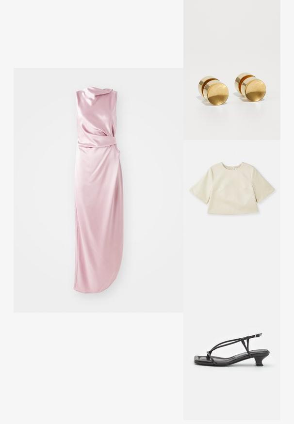 Top crop color crema realizzato in materiale liscio, con maniche corte, scollo rotondo e dettagli delle cuciture delicati.; Abito rosa simile alla seta con un design drappeggiato, caratterizzato da un dettaglio annodato in vita e una fessura laterale per un movimento aggiuntivo. Texture liscia.; Sandalo in pelle nera con cinturini sottili, tacco basso a blocco e punta quadrata. Presenta una chiusura con fibbia e una superficie liscia.; Orecchini in metallo dorato con una semplice forma rotonda, caratterizzati da una finitura liscia e una fascia centrale lucida. Misurano circa 1 cm di diametro.