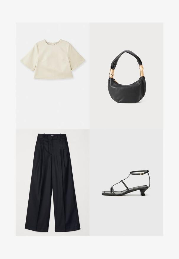 Jasno kremowy krótki top wykonany z gładkiego materiału, z krótkimi rękawami, okrągłym dekoltem i subtelnymi detalami szwów.; Czarne spodnie o szerokich nogawkach, wykonane z gładkiego materiału, z wysokim stanem, zakładkami i dopasowanym krojem. Proste czarne elementy metalowe w talii.; Czarne skórzane sandały z kwadratowym noskiem, cienkimi paskami, regulowanym paskiem przy kostce i niskim obcasem. Oferują mały złoty akcent na pasku.; Czarna skórzana torebka o okrągłym kształcie, miękkiej fakturze i wiązanym uchwycie z akcentami w złotym odcieniu. Zamek błyskawiczny.
