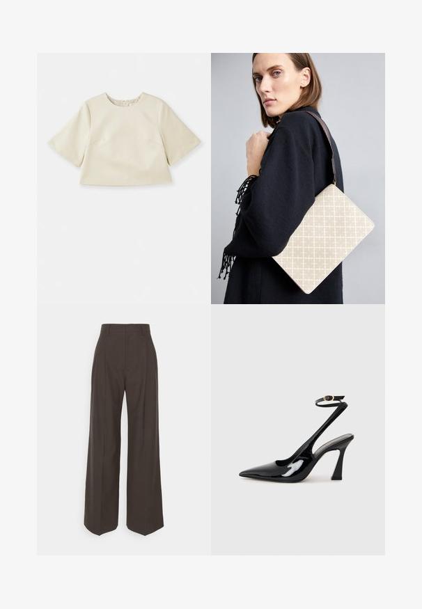 Kremno obarvan skrajšan top, izdelan iz gladkega materiala, z kratkimi rokavi, okroglo ovratnico in rahlimi šivnimi detajli.; Temno rjave široke hlače z visokim pasom, ki imajo lepo stisnjene gube, gladko teksturo in krojen fit.; Črne patentne usnjene slingback visoke pete s koničastim nosom, nastavljivim gležnjastim trakom in zmerno blokasto peto. Gladka tekstura z bleščečim zaključkom.; Bežna torba z vzorcem, strukturirane oblike, z rjavim teksturiranim pasom. Nosena na modelu ob sivi podlagi.