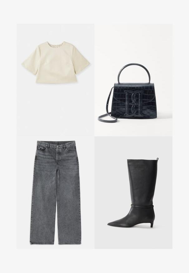 Jasno kremowy krótki top wykonany z gładkiego materiału, z krótkimi rękawami, okrągłym dekoltem i subtelnymi detalami szwów.; Jeans typu wide-leg w ciemnoszarej dżinsowej tkaninie. Posiadają wysoki stan, pięć kieszeni oraz zapięcie na guzik z przodu. Gładka faktura z delikatnym przetarciem.; Czarne skórzane kozaki do kolan z ostro zakończonym noskiem, ozdobione okrągłym paskiem wokół kostki oraz niskim, zwężanym obcasem. Gładka tekstura.; Czarna torebka z tłoczonej skóry krokodyla o zorganizowanej konstrukcji, z górnym uchwytem, regulowanym paskiem i wyraźnym detalem z logo z przodu.