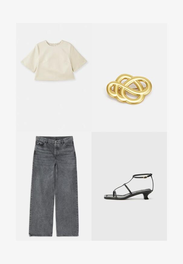 Top crop color crema realizzato in materiale liscio, con maniche corte, scollo rotondo e dettagli delle cuciture delicati.; Jeans a gamba larga in denim grigio scuro. Presentano una vita alta, design a cinque tasche e chiusura anteriore con bottone. Texture liscia con un leggero sbiadimento.; Sandalo in pelle nera con punta quadrata, cinturini sottili, cinturino alla caviglia regolabile e tacco basso. Presenta un piccolo accento dorato sul cinturino.; Spilla in oro con un design annodato caratterizzato da linee morbide e curve e una forma intricata, che riflette una finitura lucida.