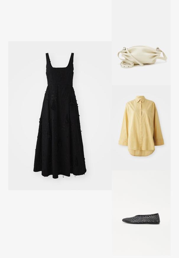 Yellow button-up shirt with a pocket, long sleeves, and a rounded hem. Made of lightweight, textured fabric. Features orange buttons.; Black maxi dress with a square neckline, textured fabric featuring floral embroidery, and tassel accents along the hem and sides.; Black woven slip-on shoe with a lattice design, flat sole, and smooth rubber material, providing breathability and flexibility.; Cream leather clutch bag with a gathered design, featuring a zip closure and a removable adjustable strap. Smooth texture, minimal hardware.