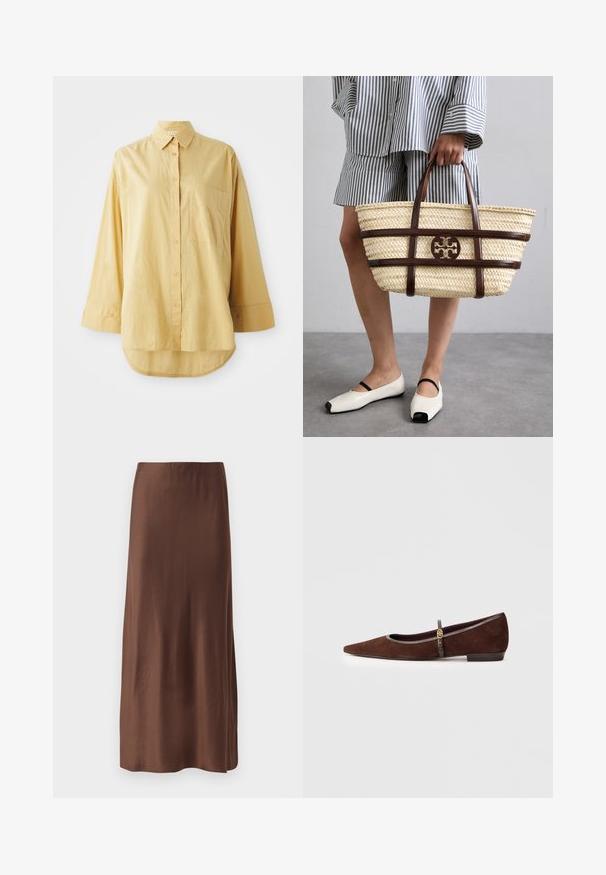 Kollane nööbiga särk taskuga, pikad varrukad ja ümar hem. Valmistatud kergest, tekstuurses kangas. Omab oranže nuppe.; Pruun satiinist midi seelik sileda tekstuuriga, sirge lõikega ning ilma nähtavate mustrite või kaunistusteta. Lihtne ja elegantne disain.; Kohvatuubist korterjalats terava ninaga, millel on õhuke rihm ja kuldne aksessuaar. Jalatsil on madal konts ja hall ääre. ; Kootud õlgedest kott pruuni nahast aktsentide ja käepidemedega. Omab lõigatud logo ja kontrastseid horisontaalriba.