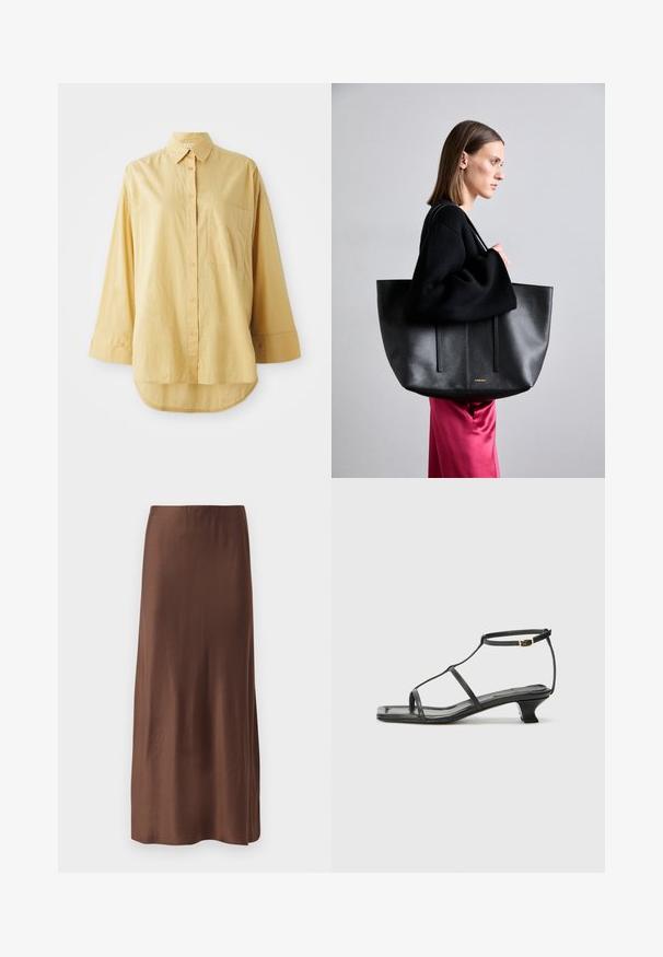 Žlutá košile na knoflíky s kapsou, dlouhými rukávy a zakulaceným spodním lemem. Vyrobena z lehké texturované látky. Má oranžové knoflíky.; Hnědá saténová midi sukně s hladkou texturou, s rovný střih a bez viditelných vzorů nebo ozdob. Jednoduchý a elegantní design.; Černá kožená sandál s čtveratou špičkou, tenkými popruhy, nastavitelným kotníkovým popruhem a nízkým podpatkem. Obsahuje malý zlatý akcent na popruhu.; Černá kožená taška s texturovaným povrchem, která má dva vertikální pruhy, dvojité ramenní popruhy a minimalistický design.