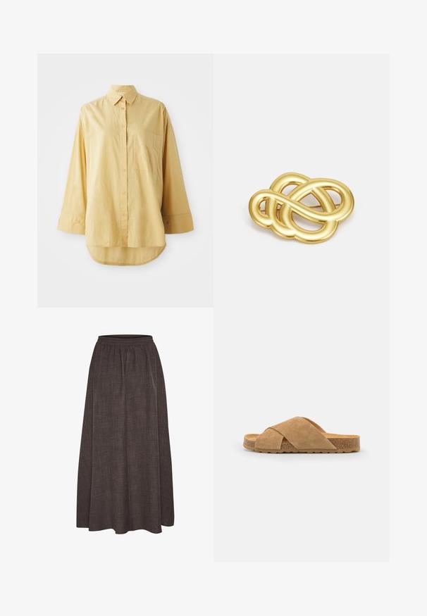 Žltá košeľa na gombíky s vreckom, dlhými rukávmi a zaobleným spodným lemom. Vyrobená z ľahkej štruktúrovanej tkaniny. Obsahuje oranžové gombíky.; Maxi sukňa v tmavej hnedej farbe, vyrobená z texturovanej tkaniny s elastickým pásom. Široký, voľný silueta nemá viditeľné vzory ani akcenty.; Semišové sandále s krížovými remienkami v svetlohnedej farbe, s pôdou obalenou korokovým materiálom a textúrovaným gumovým dnom, s plochým dizajnom a širokým strihom.; Brošňa v zlatej farbe s uzlovým dizajnom, hladkými, zakrivenými líniami a zložitým tvarom, ktorá odráža leštený povrch.