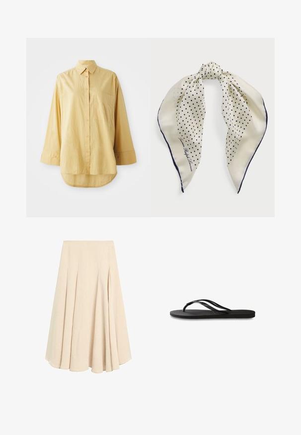 Żółta koszula z długim rękawem, z kieszonką i zaokrąglonym dołem. Wykonana z lekkiego, strukturalnego materiału. Posiada pomarańczowe guziki.; Beżowa spódnica midi w kształcie litery A z plisami, wykonana z lekkiego materiału, z gładką talią i rozkloszowanym dołem.; Czarne klapki z teksturowaną gumową podeszwą, dwiema smukłymi paskami oraz subtelnym, wytłoczonym logo na pasku.; Jedwabny szalik w kremowym tle z granatowymi kropkami, związany na środku; granatowa obręcz; zawiera napis "Lauren Ralph Lauren."; Brązowa torebka z zamszu o wyraźnym kształcie, ze srebrnym logo, krótkim uchwytem i odpinanym paskiem na ramię. Gładka tekstura, minimalistyczny design.