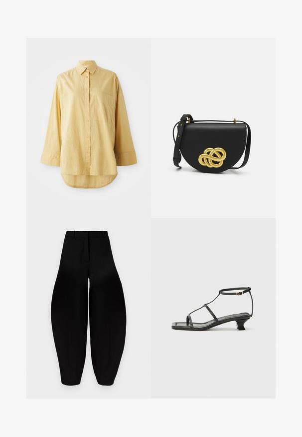 Gelb geknöpftes Hemd mit Tasche, langen Ärmeln und abgerundetem Saum. Aus leichtem, strukturiertem Stoff gefertigt. Mit orangen Knöpfen.; Schwarze weit geschnittene Hose mit hoher Taille, gefaltetem Vorderteil und schmal zulaufenden Knöcheln. Hergestellt aus glattem Stoff mit matter Oberfläche.; Schwarze Ledersandale mit quadratischer Zehenpartie, dünnen Riemen, verstellbarem Knöchelriemen und einem niedrigen Absatz. Mit einem kleinen goldenen Akzent am Riemen.; Schwarze Lederhandtasche in runder Form mit einem großen goldenen dekorativen Knoten auf der Vorderseite und einem verstellbaren Tragegurt.
