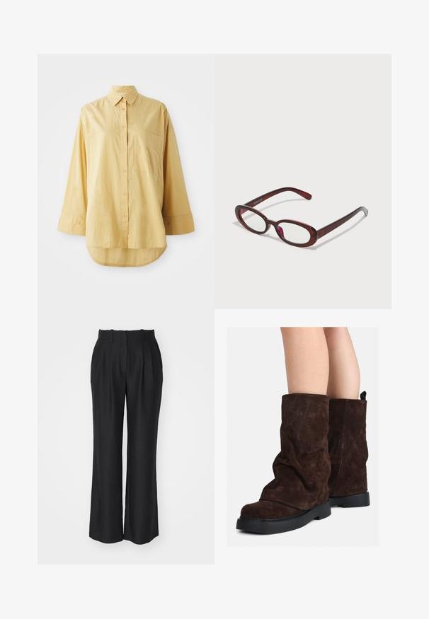 Žlutá košile na knoflíky s kapsou, dlouhými rukávy a zakulaceným spodním lemem. Vyrobena z lehké texturované látky. Má oranžové knoflíky.; Černé široké kalhoty s vysokým pasem, zdobené sklady, vyrobené z hladké, strukturované tkaniny, s rovně střiženým lemem.; Hnědé semišové kozačky po lýtka s černými gumovými podrážkami nošené na nahých nohách, s mírným pomačkáním na nohavicích.; Ovalo tvarované červené sluneční brýle s průhlednými skly a elegantními hnědými rámy. Design má jemné křivky a minimální hardware.