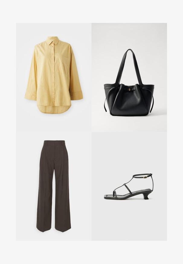 Chemise jaune à boutons, avec une poche, manches longues et ourlet arrondi. Fabriquée en tissu léger et texturé. Dotée de boutons oranges.; Pantalons larges marron foncé à taille haute, avec des plis soigneusement marqués, une texture lisse et une coupe ajustée.; Sandale en cuir noir avec un bout carré, des fines lanières, une bride de cheville ajustable et un petit talon. Présente un petit accent doré sur la lanière.; Sac en cuir noir avec deux longues anses, un haut resserré et un accent circulaire doré. Texture lisse avec un design minimaliste.
