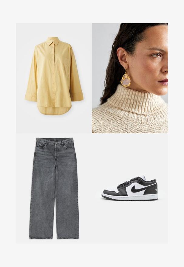 Žuta košulja na gumb s džepom, dugim rukavima i zaobljenim rubom. Napravljena je od lagane, teksturirane tkanine. Sadrži narančaste gumbe.; Široke traperice u tamnosivoj boji. Imaju visoki struk, dizajn s pet džepova i prednje kopčanje na dugme. Glatka tekstura s suptilnim izbljeđenjem.; Crno-bijele Nike niske tenisice imaju glatku kožnu gornjište, okrugli vrh, vezanje na vezice i uzorčeni gumeni potplat.; Zlatne naušnice s motivom lista imaju kamen ružičastog kvarca u obliku suze. Nosi se uz kremasto rebrasto puli.