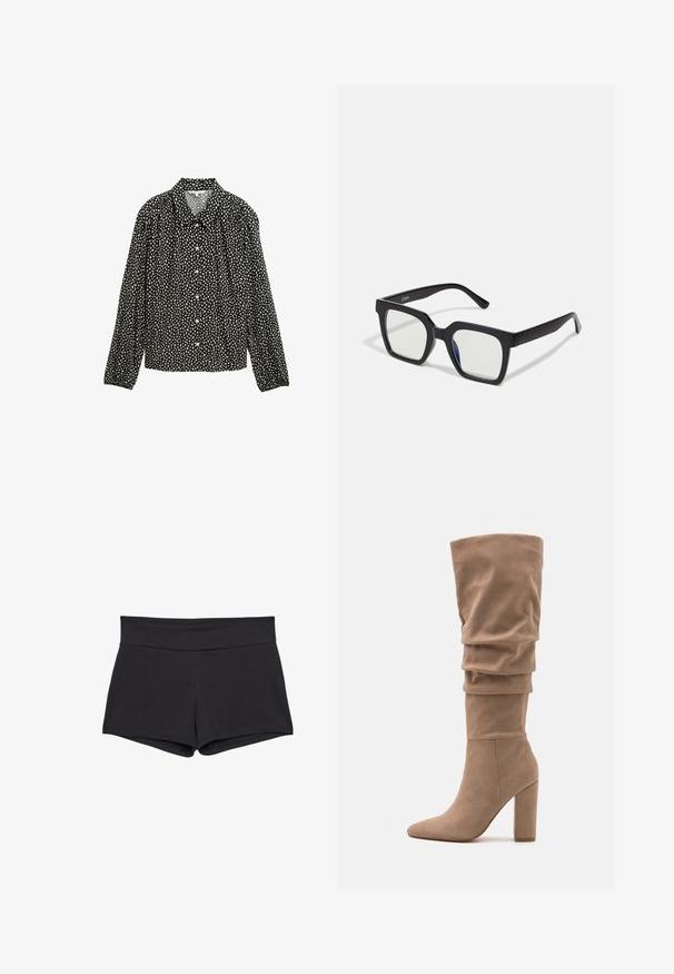 Maglietta nera a maniche lunghe con colletto, caratterizzata da un motivo a macchie bianche e chiusure a bottoni sul davanti.; Shorts neri, aderenti, con una cintura larga, realizzati in un tessuto morbido e elasticizzato. I bordi sono lisci, senza chiusure o motivi visibili.; Anna Field Stivali alti - beige; Occhiali da sole neri con finitura opaca, dotati di lenti trasparenti e una leggera sfumatura blu su un lato. Design robusto e angolare.; PULL&BEAR SHOPPER - Shopping bag - grey