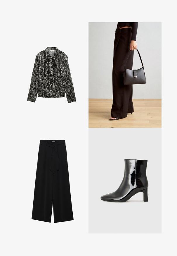 Camisa negra de manga larga y cuello con solapa, con un patrón salpicado blanco y cierres de botones en la parte delantera.; Pantalones de pierna ancha negros con un tejido texturizado, una cinturilla elástica y un lazo desmontable en la cintura para un ajuste ajustable.; Botín de charol negro con punta afilada y un tacón de bloque de altura media. Textura suave y diseño minimalista.; Bolso negro con forma estructurada, textura suave y un cierre metálico. Combinado con pantalones anchos negros y sandalias de dedo en un suelo de madera.