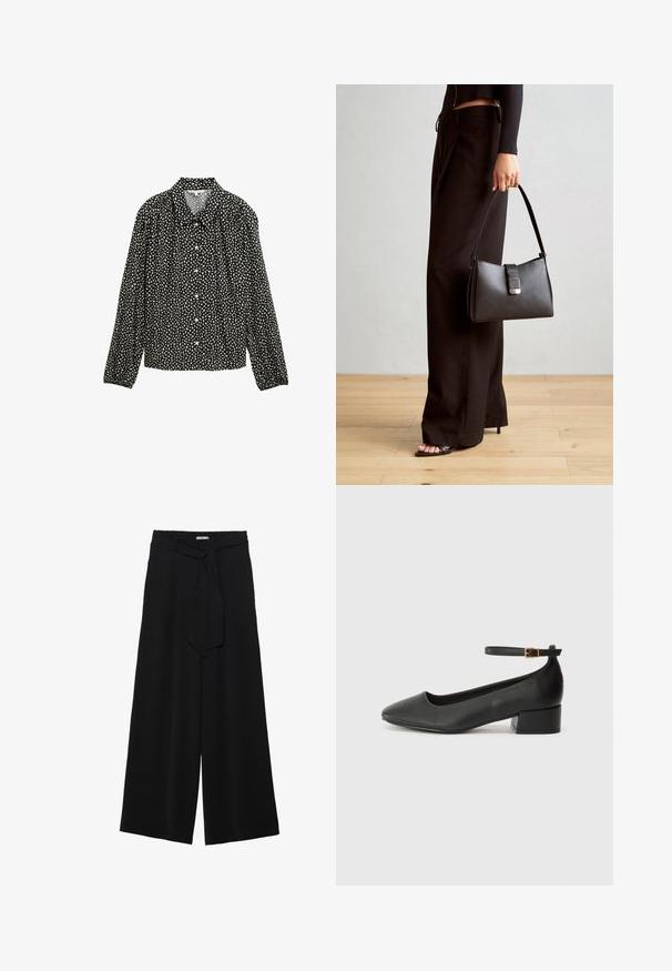 Black shirt with long sleeves and a collared neckline, featuring a white speckled pattern and button closures along the front.; Black wide-leg pants featuring a textured fabric, an elastic waistband, and a detachable sash tie at the waist for adjustable fit.; Black leather pump with a pointed toe and a low block heel. Features an ankle strap with a gold-tone buckle. Smooth texture.; Black handbag with structured shape, smooth texture, and a metallic clasp. Paired with wide black pants and open-toe sandals on wooden floor.