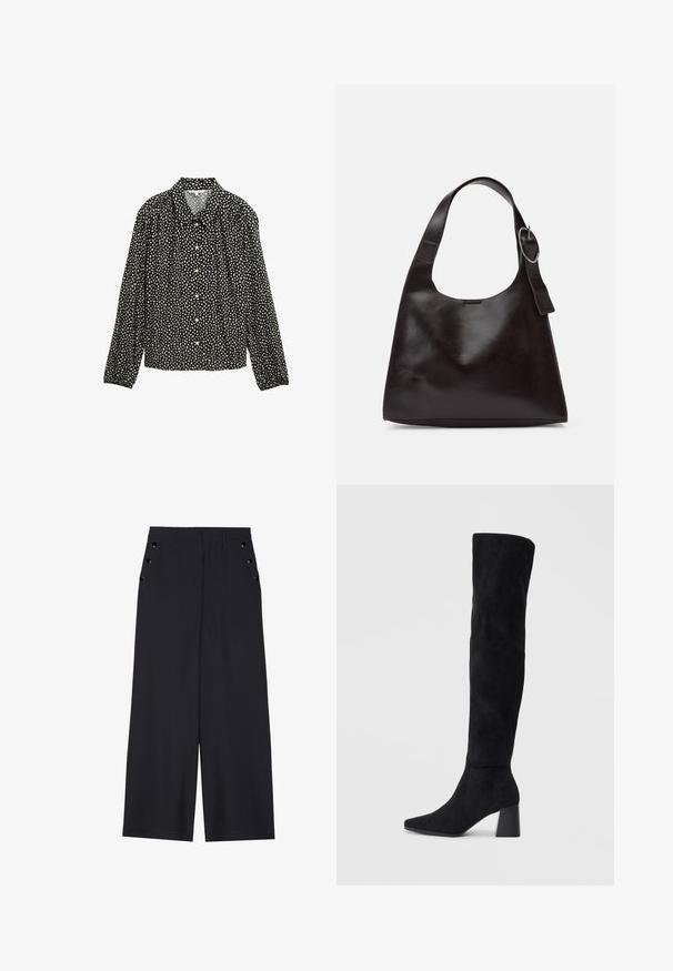 Černá košile s dlouhými rukávy a límečkem, zdobená bílým skvrnitým vzorem a zapínáním na knoflíky vpředu.; Široké kalhoty z tmavě námořnické látky, s hladkou texturou, předními sklady a dekorativními zlatými nýty na bočních kapsách.; Černé semišové vysoké boty s blokovým podpatkem, špičatou špičkou a hladkým, bezšvovým designem na jednoduchém světlém pozadí.; Hnědá kožená taška přes rameno s hladkou texturou, zaobleným tvarem, širokým popruhem a kulatým kovovým akcentem na rukojeti.