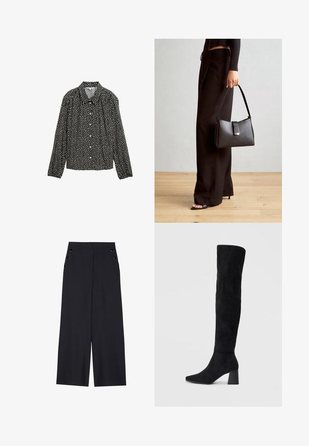 Černá košile s dlouhými rukávy a límečkem, zdobená bílým skvrnitým vzorem a zapínáním na knoflíky vpředu.; Široké kalhoty z tmavě námořnické látky, s hladkou texturou, předními sklady a dekorativními zlatými nýty na bočních kapsách.; Černé semišové vysoké boty s blokovým podpatkem, špičatou špičkou a hladkým, bezšvovým designem na jednoduchém světlém pozadí.; Černá kabelka se strukturovaným tvarem, hladkým povrchem a kovovým uzávěrem. Kombinována s širokými černými kalhotami a sandály s otevřenou špičkou na dřevěné podlaze.