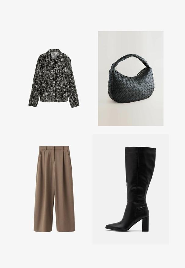 Sort skjorte med lange ærmer og kravehals, der har et hvidt prikmønster og knaplukninger foran.; Brune, vide bukser med en glat tekstur, frontfolder og høj talje. Har et skræddersyet design og sidelommer.; RAID JORDANN - Højhælede støvler - black; Sort vævet håndtaske med en rund form, struktureret overflade og et tykt fletgreb. Har en lynlås til sikker opbevaring.; Guldmetalløreringe med et bølget design; glat, reflekterende overflade; asymmetrisk form; ingen synlige mønstre eller hardware.