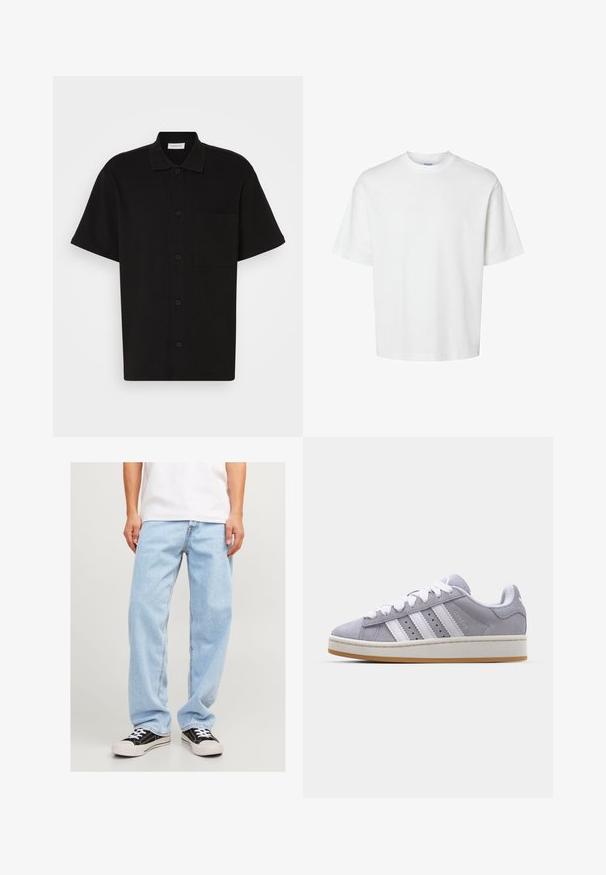 Svart kortärmad skjorta med knappar i texturerat tyg, med krage, en enda bröstficka och fem knappar fram.; Vit bomullströja med korta ärmar, rundad halsringning och en avslappnad passform. Slät textur utan synliga mönster eller detaljer.; Ljusblå denimjeans med avslappnad passform, med rakt ben och standardstickning, tillsammans med svarta sneakers.; Grå mockaskor med vita ränder, rund tå och gummisula. Har perforeringar på sidan och en texturerad hälflik.