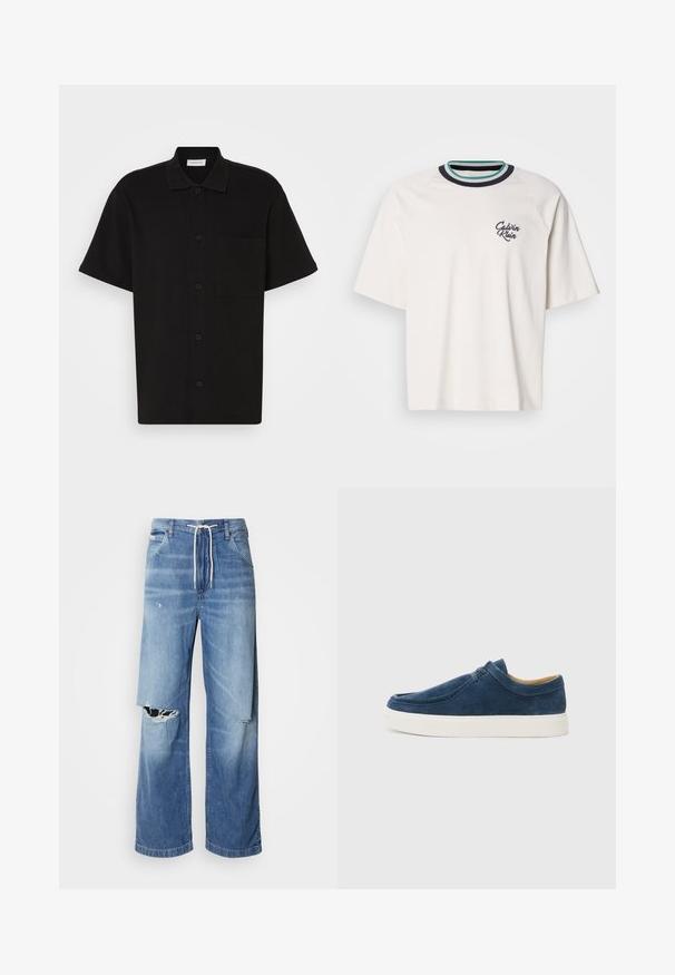 Juodas trumpomis rankovėmis mygtukinis marškinėliai, pagaminti iš tekstūruotos medžiagos, su apykakle, viena krūtine kišene ir penkiais mygtukais priekyje.; Trumpas rankovės, kremine spalva T-shirt su ripsuotu, daugiakieniu apykaklė ir "Calvin Klein" logotipas siuvinėti ant kairiojo krūtinės.; Šviesiai mėlynos džinsinės kelnės su laisvu kirpimu, turinčios baltą raištelį liemens, ir išskirtinius įpjovimus priekyje, rodančius nusidėvėjusias briaunas.; Tamsiai mėlynos zomšinės slip-on bateliai su balta guma padėklu, puošti siuvinėjimo detalėmis ir suapvalintu pirštu. Bendras paviršius yra lygus.