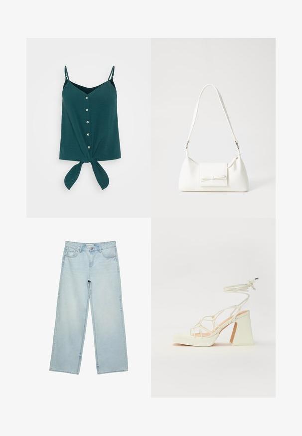 Tummansininen, ilman hihoja oleva toppi, jossa on napitettaessa edestä avattava, V-henkinen kaula-aukko ja vyötäröllä solmittava nauha. Valmistettu teksturoidusta, kevyestä kankaasta.; Vaaleansiniset leveälahkeiset farkut, joissa on korkea vyötärö, viisi taskua ja hienovarainen haalistus. Suora leikkaus ja huolitellut reunat.; Valkoinen korkokenkä, jossa on paksu korko, ja joka sisältää nauhakiinnityksen ja nilkkaketjun. Sujuva pinta, jossa on platform-etupohja lisäkorkeutta varten.; Valkoinen synteettinen käsilaukku, jossa on kolmikulmainen muoto, tasainen etu läppä ja nauhadetail, säädettävä olkahihna, sileä rakenne ja minimalinen muotoilu.