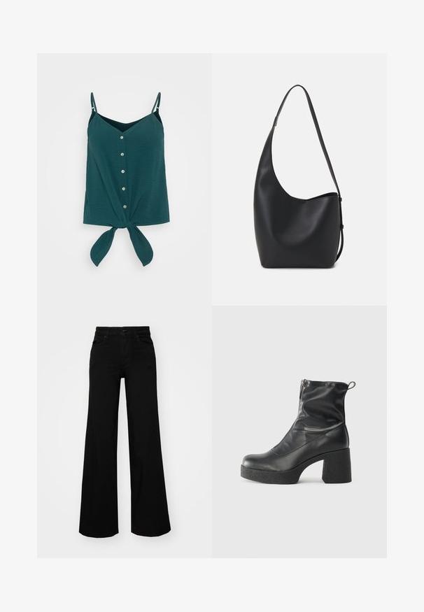 Top senza maniche in verde scuro, con bottoni sul davanti, scollatura a V e nodo in vita. Realizzato in un tessuto leggero e testurizzato.; Pantaloni neri a gamba larga in denim, con una vita strutturata, passanti per la cintura e tasche frontali. Texture liscia con un design classico.; Stivali neri alla caviglia in pelle liscia, con zip laterale, tacco spesso e texture, e punta arrotondata.; Borsa hobo nera in pelle con una superficie liscia, forma curvata e una singola tracolla regolabile; presenta un'ampia apertura nella parte superiore.