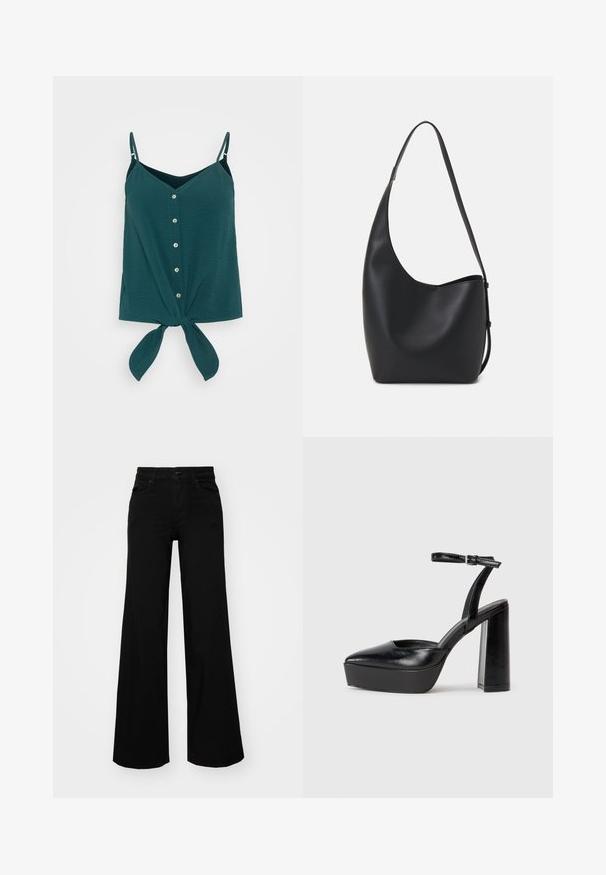 Top sin mangas en verde azulado oscuro, con botones en la parte delantera, escote en V y nudo en la cintura. Fabricado con una tela texturizada y ligera.; Pantalones de mezclilla de pierna ancha y color negro, con una cinturilla estructurada, pasadores para cinturón y bolsillos frontales. Textura suave con un diseño clásico.; Zapatos de tacón negro con punta afilada y correa ajustable en el tobillo. Confeccionados en cuero suave, presentan un tacón grueso.; Bolso tipo hobo de cuero negro con una textura suave, forma curvada y una sola correa ajustable; presenta una amplia apertura en la parte superior.